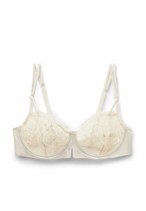 Crème-kleurige bh met kantcups, verstelbare straps en een haaksluiting. Glad materiaal met een delicate bloemenpatroon op het kant.