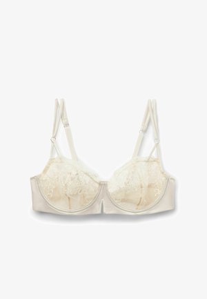 Biały biustonosz z koronkowymi miseczkami, regulowanymi ramiączkami i zapięciem na haftkę. Gładki materiał z delikatnym kwiatowym wzorem na koronce.
