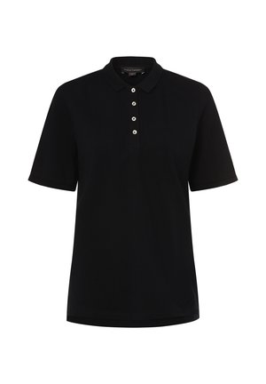 Black polo shirt made of smooth fabric, featuring a classic collar, short sleeves, and three silver-button placket.