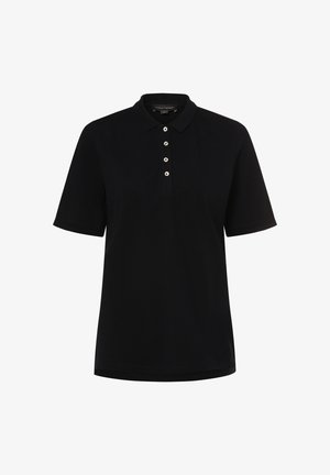 Schwarzes Poloshirt aus glattem Stoff mit klassischem Kragen, kurzen Ärmeln und einer Knopfleiste mit drei silbernen Knöpfen.
