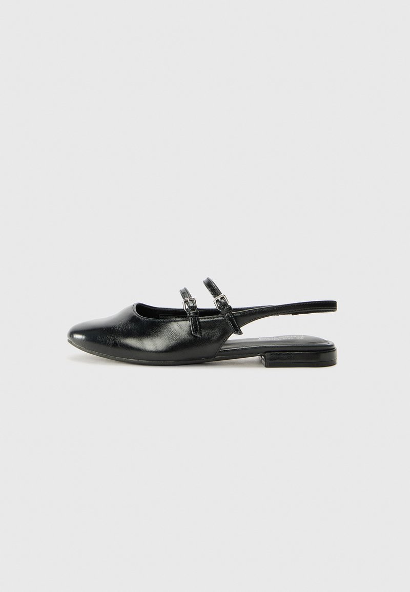 Black leather slingback shoe with a pointed toe, two buckle accents, and a low heel. Smooth texture and refined design.