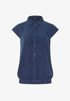 Blouse bleu marine à manches courtes, boutonnée sur le devant, col pointu, taille élastiquée, avec un tissu texturé subtil sur les bords des manches.
