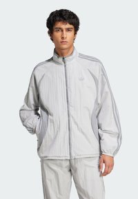 Light gray windbreaker jacket with a high collar, front zipper, elastic cuffs, and three-stripe design down the sleeves. Features crinkled texture.