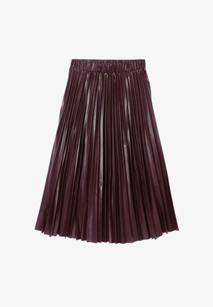 Jupe midi plissée en faux cuir bordeaux profond. Dotée d'une taille élastique et d'une texture brillante avec des plis verticaux bien définis sur toute la surface.