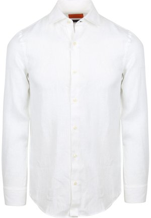 Witte linnen blouse met lange mouwen, voorzien van een klassieke kraag, knopen aan de voorkant en een afgeronde zoom. Glad materiaal met een lichtgewicht ontwerp.