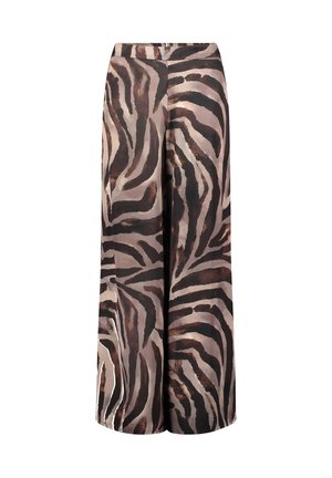 Spodnie o szerokich nogawkach z jedwabistej tkaniny w brązowo-czarny wzór zebry. Pas na gumce dla komfortu i łatwości noszenia.