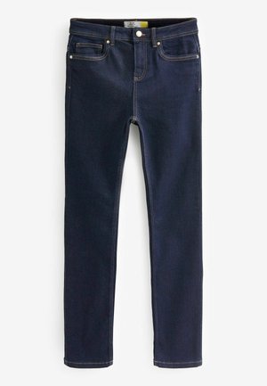 Jeans in denim blu scuro con una vestibilità slim, caratterizzati da cuciture dorate, cinque tasche e una chiusura con bottone metallico in vita.