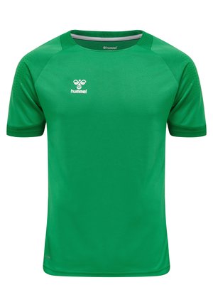 Maglietta sportiva verde a maniche corte realizzata in materiale traspirante. Presenta un colletto rotondo, dettagli in rete e un logo bianco sul petto.