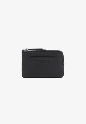 Black leather wallet with a smooth texture, zip closure, and embossed brand name on the front. Slim rectangular shape, minimalist design.