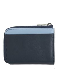 Portafoglio in pelle blu navy con un accento azzurro chiaro. Presenta una chiusura con zip e una texture liscia. Forma rettangolare con bordi cuciti e dettagli in metallo.