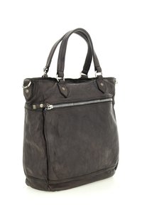 Borsa tote in pelle nera con manici doppi, tasca frontale con zip e dettagli in metallo argentato. Superficie testurizzata e forma rettangolare elegante.