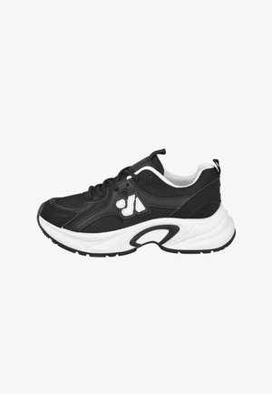 Zapatillas deportivas en blanco y negro con una parte superior de malla texturizada, cuello acolchado, logo en contraste y una gruesa entresuela blanca.