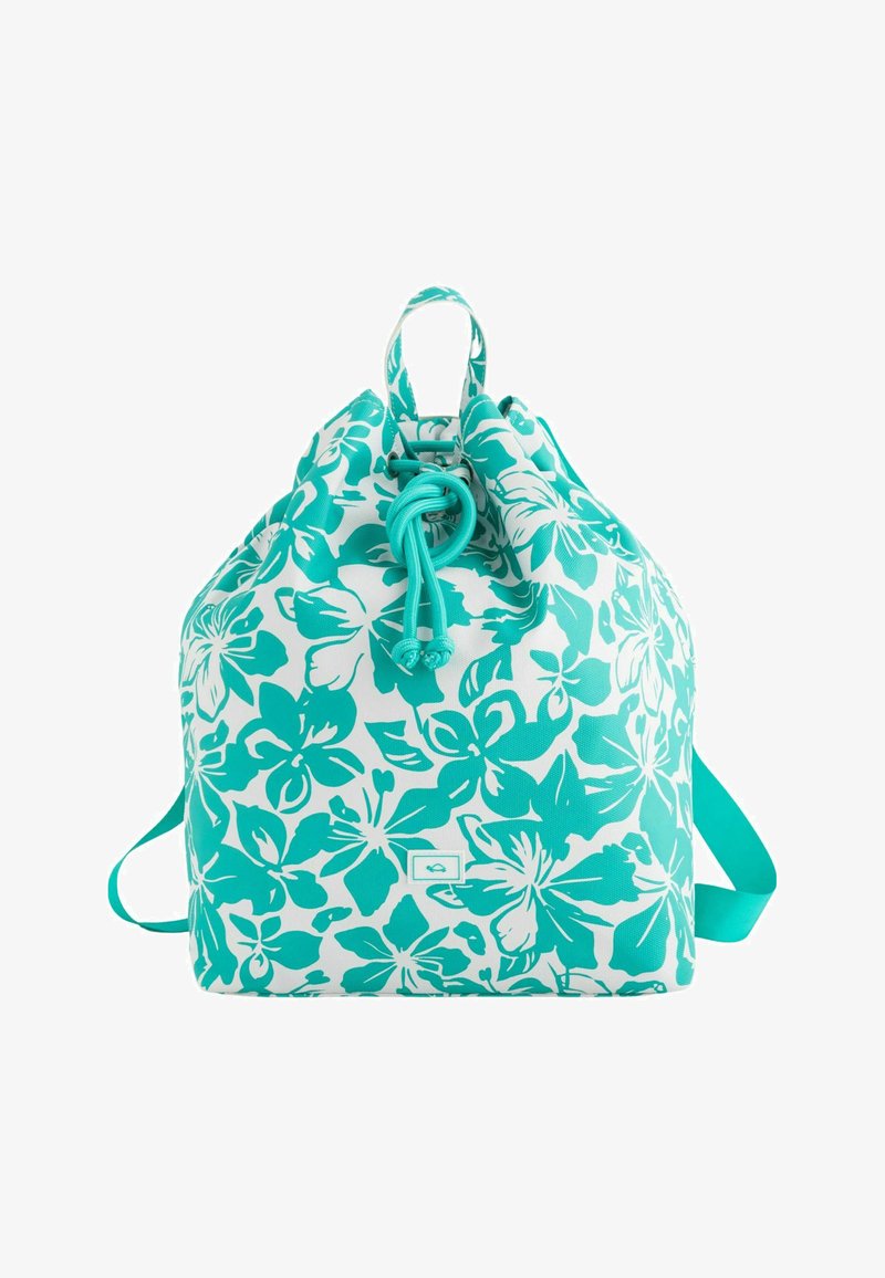 Turquoise bloemen trekkoordrugzak gemaakt van duurzaam materiaal, met een getailleerde opening aan de bovenkant, verstelbare schouderbanden en een logo-details aan de voorkant.