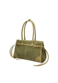 Borsa a tracolla verde oliva in suede con dettagli in pelle, dotata di doppi manici e dettaglio con fibbia, che presenta una forma rettangolare e una consistenza morbida.