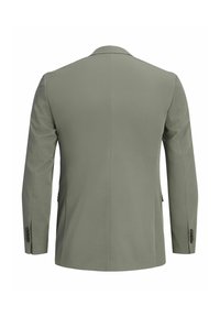 Ανδρικό ριγέ σακάκι σε ελιάς πράσινο, απεικονίζεται από πίσω με μακριά μανίκια και λεπτομέρειες κουμπιών στα μανίκια.