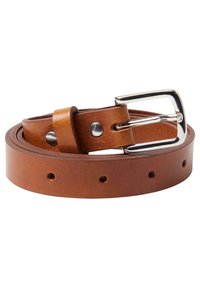 Ceinture en cuir marron avec une texture lisse, dotée d'une boucle en métal argenté et de plusieurs trou pour ajustement.