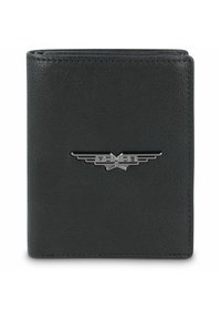 Zwarte leren portemonnee met een gestructureerde afwerking, voorzien van een zilveren metalen logo-accent met vleugels. Compromisloze bi-fold ontwerp.