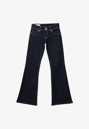 Dunkelblaue, ausgestellte Jeans aus Denim mit doppelter Knopfverschluss, Vorder- und Gesäßtaschen sowie gelben Steppnähten.