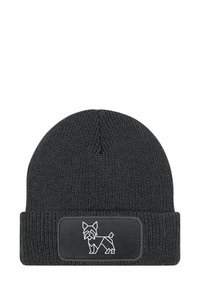 Dark gray beanie hat with ribbed texture, featuring a black patch and a white line-drawn dog design on the front.