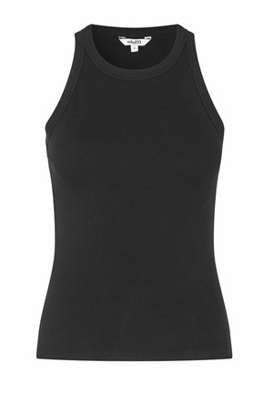 Black ribbed tank top with a fitted design, featuring a round neckline and wide shoulder straps. Made from a stretchy fabric for comfort.