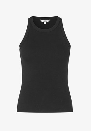 Schwarzes, geripptes Tanktop mit taillierter Passform, Rundhalsausschnitt und breiten Schulterträgern. Aus einem dehnbaren Stoff für zusätzlichen Komfort gefertigt.