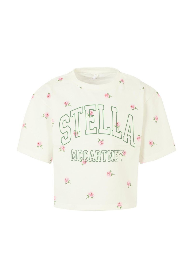 T-shirt cropped bianco con la scritta "STELLA MCCARTNEY" in verde e un motivo floreale con piccoli rose rosa. Maniche corte.