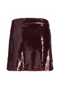 Mini-jupe bordeaux couverte de sequins, dotée d'un ourlet droit et d'une texture brillante. Légère, avec une silhouette ajustée.