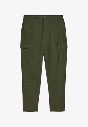 Olive green cargo pants made of fabric, featuring multiple side pockets, a button closure, and a tapered leg design with flat seams.