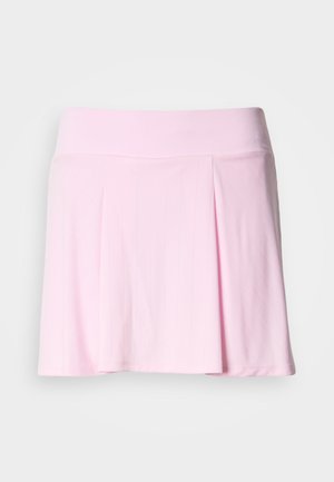 Rosa Sportrock mit einem weichen, elastischen Bund, der vertikale Falten und eine glatte Textur aufweist. Kurze Länge mit einem lässigen Design.