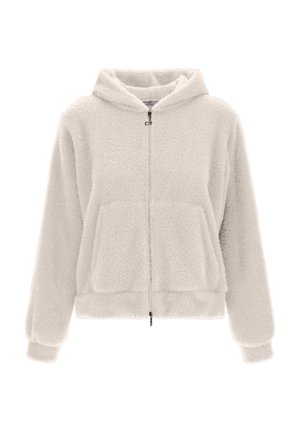 Hanorac moale, de culoare crem fuzzy, cu fermoar în față, buzunare mari și glugă cu șnur. Fabricat dintr-un material fleece moale și texturat.