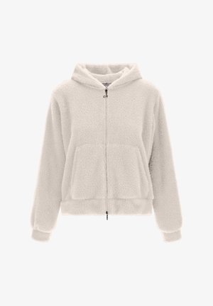 Fluffy, crèmekleurige hoodie met ritssluiting aan de voorkant, grote zakken en een capuchon met trekkoord. Gemaakt van zacht, gestructureerd fleecemateriaal.