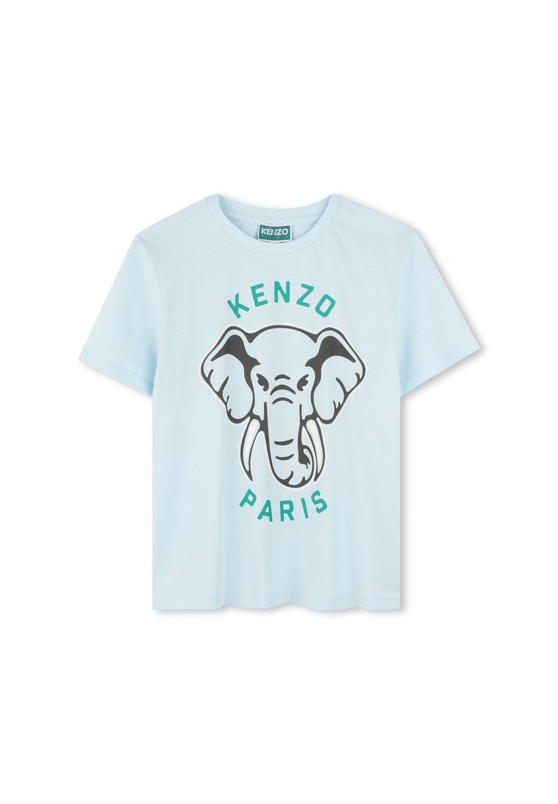 T-shirt en coton bleu clair avec un graphique d'éléphant et le texte "KENZO PARIS" en vert. Manches courtes et col rond.