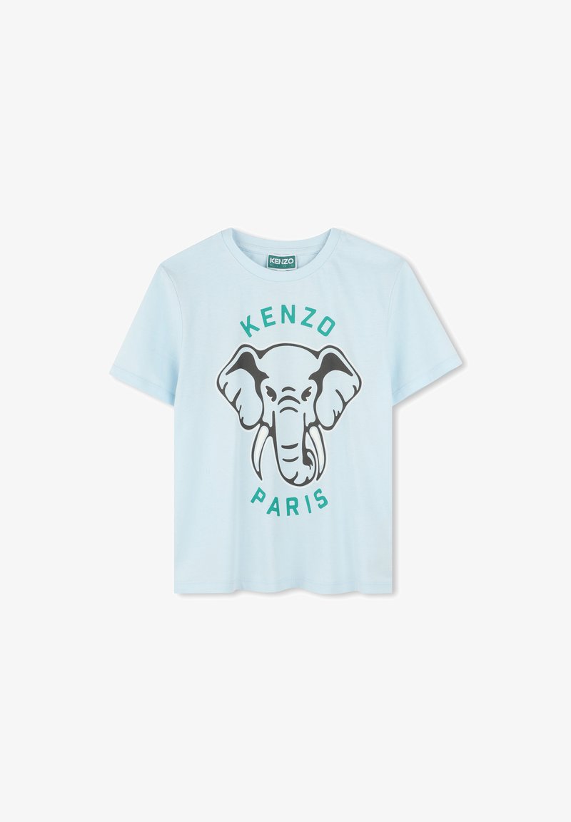 T-shirt en coton bleu clair avec un graphique d'éléphant et le texte "KENZO PARIS" en vert. Manches courtes et col rond.