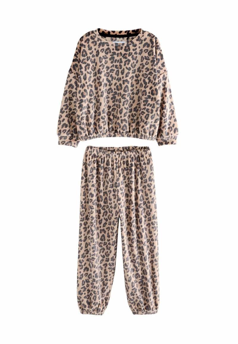 Beige ja musta leopardimustri loungekomplekt. Sisaldab laia lõikega pulloverit elastsete mansettidega ja sobivaid kitsenevaid pükse elastse vöökohaga.