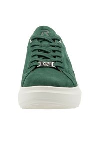 Green suede sneaker featuring a white sole, rounded toe, and textured lace-up design with silver-tone hardware accents.