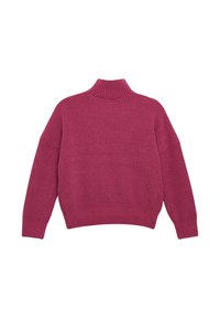 Sweter wełniany w głębokim różu, z wysokim ściągaczem, opadającymi ramionami oraz teksturowanym materiałem z ribbami na mankietach i dolnym brzegu.