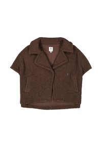 Kurzes braunes Oberteil aus einem strukturierten, flauschigen Material, mit kurzen Ärmeln und einem Reverskragen. Verfügt über aufgesetzte Taschen auf der Vorderseite.
