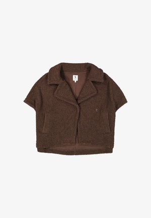 Korte bruine top van een textuur, fluffy materiaal, met korte mouwen en een notch-lapel. Voorzien van opgestikte zakken aan de voorkant.
