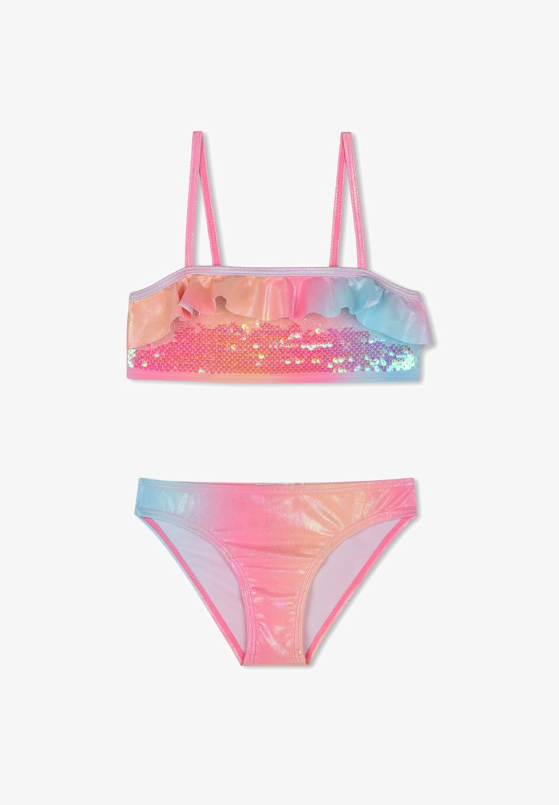 Dvodelni kopalni kostim z ruffled, bleščečim vrhom v prehodnih odtenkih roza do modre ter sijočimi, usklajenimi bikini hlačkami.