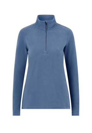 Niebieska bluza polarowa z długimi rękawami, stojącym kołnierzem i przednim zamkiem na pół, zaprojektowana na zimną pogodę.