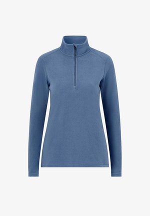 Niebieska bluza polarowa z długimi rękawami, stojącym kołnierzem i przednim zamkiem na pół, zaprojektowana na zimną pogodę.