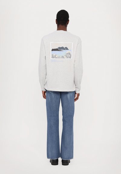 Grijze lange mouwen shirt met een schilderachtige afbeelding van bergen en water op de achterkant. Draagt bij blauwe flare jeans en zwarte schoenen.