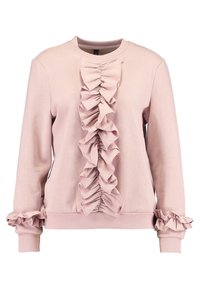 Sudadera rosa con un detalle central de volantes, puños y dobladillo acanalados, hecha de una tela suave, con acentos de volantes en las mangas.