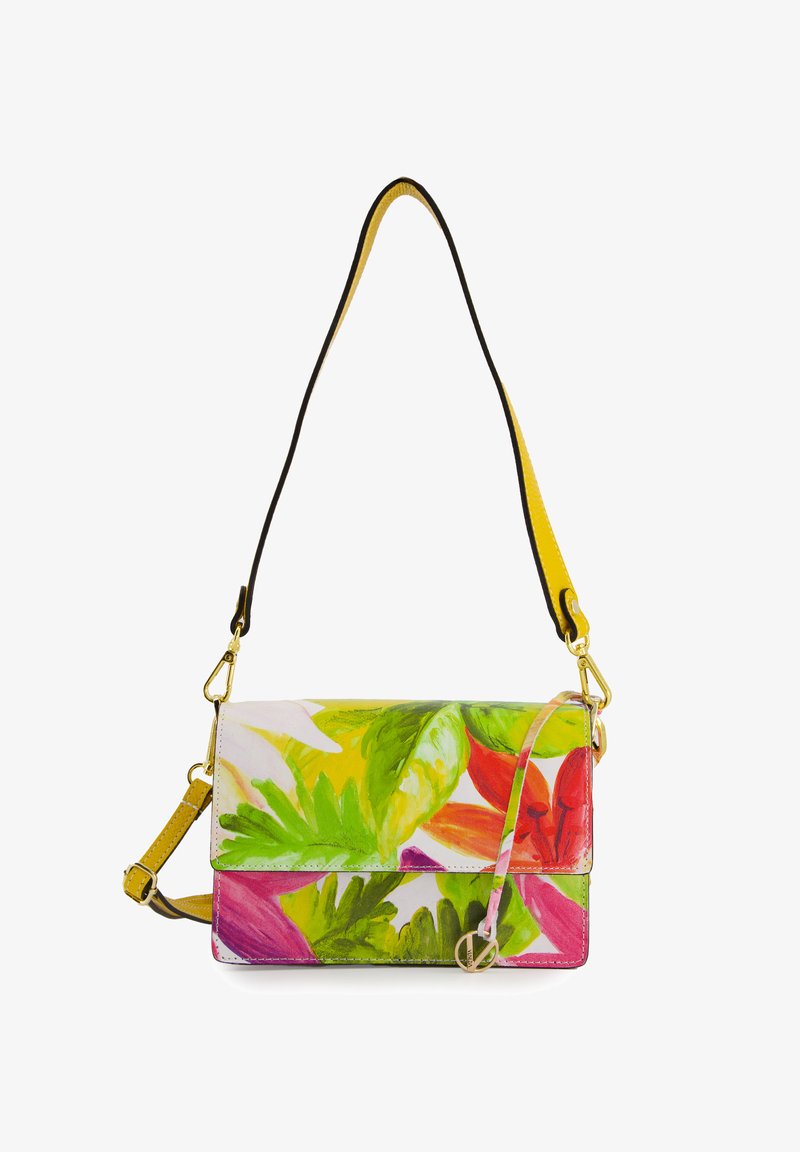 Floral-patterned crossbody bag with a vibrant mix of green, red, and yellow colors, featuring a thin yellow adjustable strap and gold hardware.