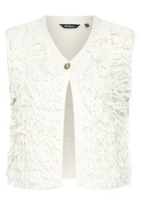 Weißes, gestricktes Weste mit Knopfverschluss und strukturiertem, flauschigem Detail vorne. Verfügt über gerippte Kanten und ein offenes Design.