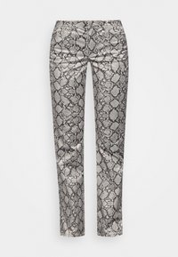 Spodnie w wzór wężowej skóry w odcieniach szaro-czarnych, charakteryzujące się eleganckim, dopasowanym krojem, gładką teksturą i średniej wysokości pasem.