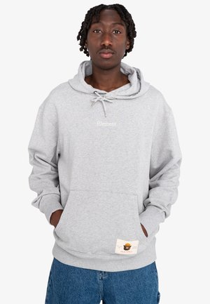 Grey hooded sweatshirt with drawstrings, front pocket, and logo text. Features ribbed cuffs and hem, made from soft, comfortable fabric.