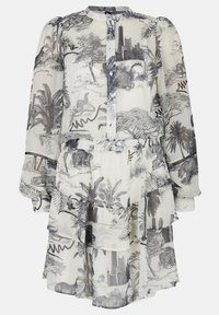 Bílé šaty s černým botanickým a krajinným potiskem, zapínání na knoflíky, dlouhé rukávy, řasený lem, průhledná tkanina a elastický pas.