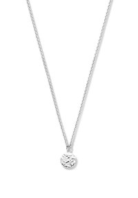 Zilveren hangende ketting met een tekstuur rond sieraad aan een gedraaide ketting, benadrukt door een glanzende afwerking en minimalist design.