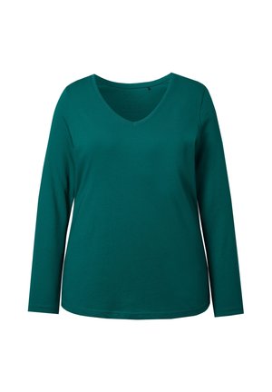 Długo rękawowa koszulka w kolorze turkusowym, wykonana z miękkiej bawełny, z dekoltem w kształcie litery V i luźnym krojem. Dolna krawędź ma delikatny zaokrąglony kształt.
